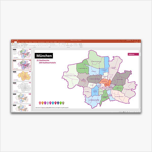 PowerPoint-Karte München mit Bezirken und Stadtteilen mit Bitmap-Karten, Karte München PowerPoint, Karte München Stadtteile PowerPoint, Karte München Stadtbezirke PowerPoint, PowerPoint-Landkarte München