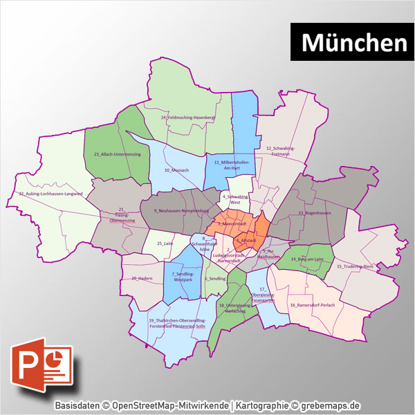 PowerPoint-Karte München mit Bezirken und Stadtteilen mit Bitmap-Karten, Karte München PowerPoint, Karte München Stadtteile PowerPoint, Karte München Stadtbezirke PowerPoint, PowerPoint-Landkarte München