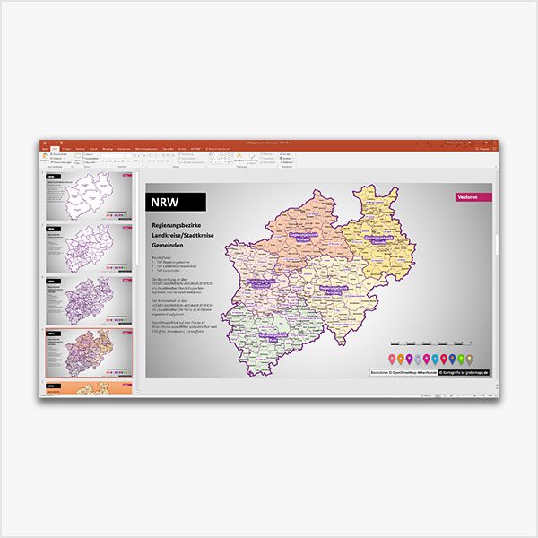 PowerPoint-Karte NRW Nordrhein-Westfalen Gemeinden Landkreise Regierungsbezirke, Karte PowerPoint NRW, Karte PowerPoint NRW Landkreise, Karte PowerPoint NRW Gemeinden, Karte PowerPoint Nordrhein-Westfalen