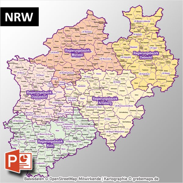 PowerPoint-Karte NRW Nordrhein-Westfalen Gemeinden Landkreise Regierungsbezirke, Karte PowerPoint NRW, Karte PowerPoint NRW Landkreise, Karte PowerPoint NRW Gemeinden, Karte PowerPoint Nordrhein-Westfalen