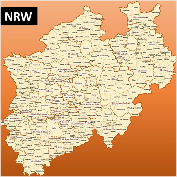 PowerPoint-Karte NRW Nordrhein-Westfalen Gemeinden Landkreise Regierungsbezirke, Karte PowerPoint NRW, Karte PowerPoint NRW Landkreise, Karte PowerPoint NRW Gemeinden, Karte PowerPoint Nordrhein-Westfalen