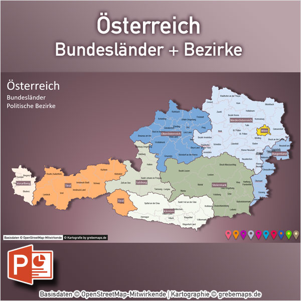 PowerPoint-Karte Österreich Austria Bundesländer Bezirke, Karte Österreich Bezirke, PowerPoint-Karte Österreich Bezirke, Karte PowerPoint Austria Bezirke, PowerPoint-Karte Österreich