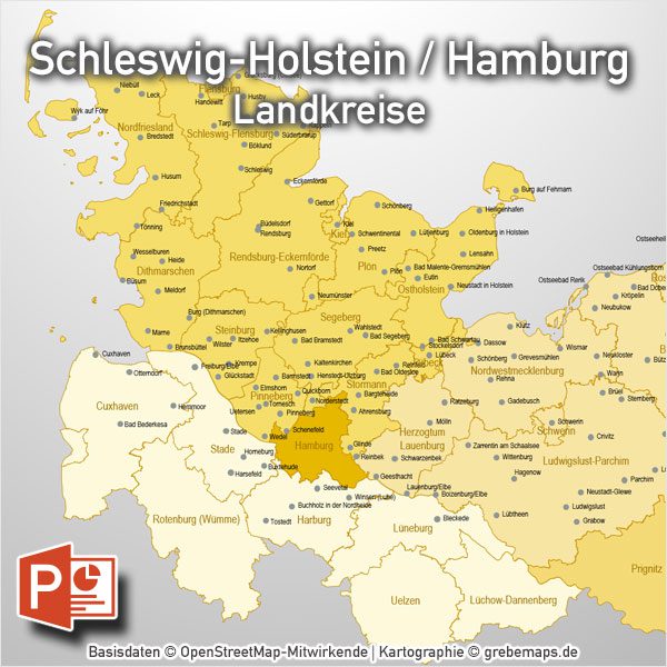 PowerPoint-Karte Schleswig-Holstein Hamburg Landkreise, Karte PowerPoint Schleswig-Holstein Landkreise, Karte Landkreise Schleswig-Holstein PowerPoint