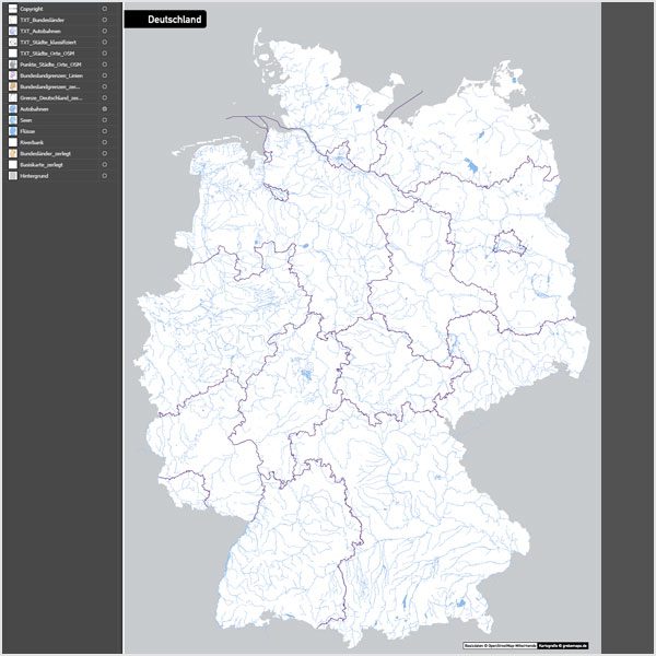 Deutschland Autobahnen Städte Gewässer Bundesländer Vektorkarte, Karte Deutschland Autobahnen Städte, Vektorkarte Deutschland, Karte Vektor Deutschland, editierbar, bearbeitbar