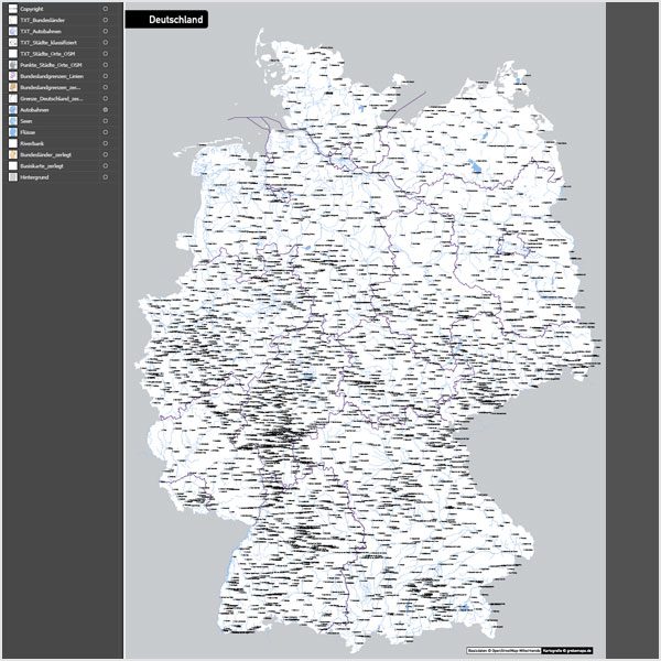 Deutschland Autobahnen Städte Gewässer Bundesländer Vektorkarte, Karte Deutschland Autobahnen Städte, Vektorkarte Deutschland, Karte Vektor Deutschland, editierbar, bearbeitbar