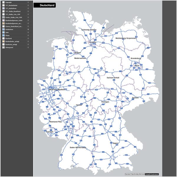 Deutschland Autobahnen Städte Gewässer Bundesländer Vektorkarte, Karte Deutschland Autobahnen Städte, Vektorkarte Deutschland, Karte Vektor Deutschland, editierbar, bearbeitbar