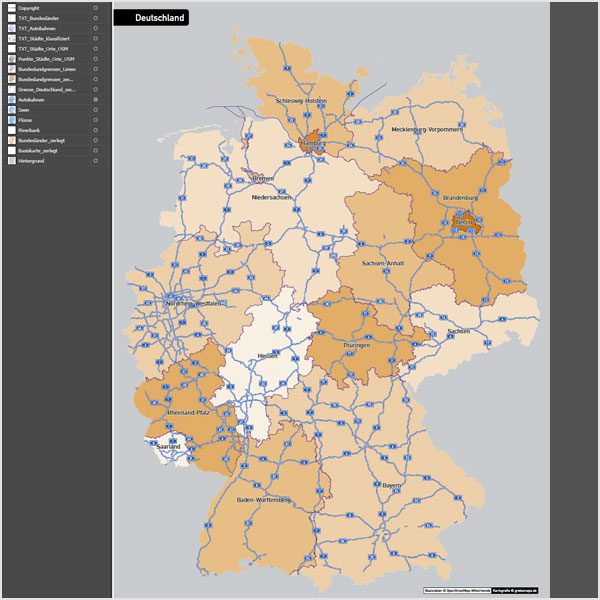 Deutschland Autobahnen Städte Gewässer Bundesländer Vektorkarte, Karte Deutschland Autobahnen Städte, Vektorkarte Deutschland, Karte Vektor Deutschland, editierbar, bearbeitbar