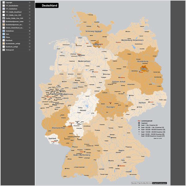 Deutschland Autobahnen Städte Gewässer Bundesländer Vektorkarte, Karte Deutschland Autobahnen Städte, Vektorkarte Deutschland, Karte Vektor Deutschland, editierbar, bearbeitbar