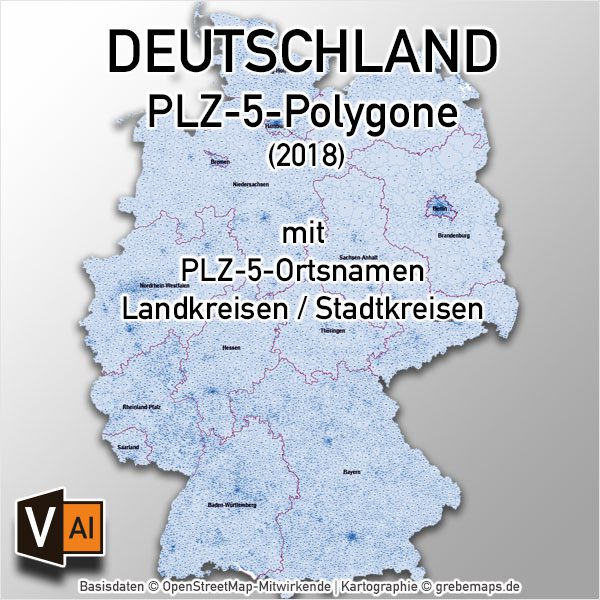 Deutschland Postleitzahlen PLZ-5 Vektorkarte 5-stellig Landkreise Ortsnamen, PLZ-Karte Deutschland, Karte PLZ Deutschland 5-stellig, PLZ-5 Karte Deutschland, Vektorkarte PLZ Deutschland mit Landkreisen