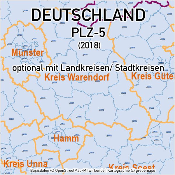 Deutschland Postleitzahlen PLZ-5 Vektorkarte 5-stellig Landkreise Ortsnamen, PLZ-Karte Deutschland, Karte PLZ Deutschland 5-stellig, PLZ-5 Karte Deutschland, Vektorkarte PLZ Deutschland mit Landkreisen