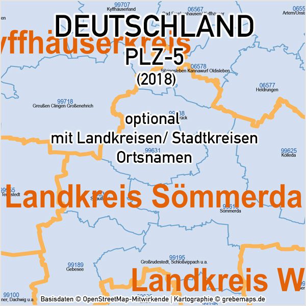 Deutschland Postleitzahlen PLZ-5 Vektorkarte 5-stellig Landkreise Ortsnamen, PLZ-Karte Deutschland, Karte PLZ Deutschland 5-stellig, PLZ-5 Karte Deutschland, Vektorkarte PLZ Deutschland mit Landkreisen