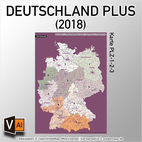 Deutschland PLUS Postleitzahlen PLZ 1-2-3 Vektorkarte (2018), Karte PLZ Deutschland, Karte Postleitzahlen Deutschland, Postleitzahlenkarte Deutschland, Deutschland Karte PLZ, PLZ Karte Deutschland