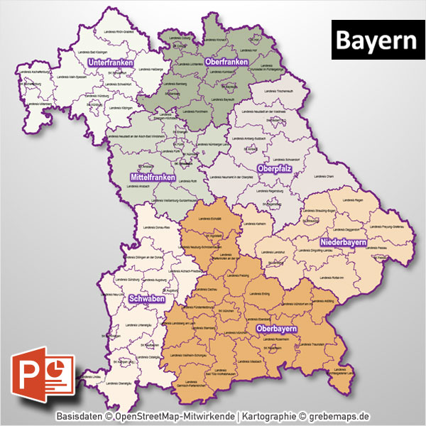 PowerPoint-Karte Bayern Regierungsbezirke Landkreise , Karte Landkreise Bayern PowerPoint, Landkreise Bayern PowerPoint-Karte