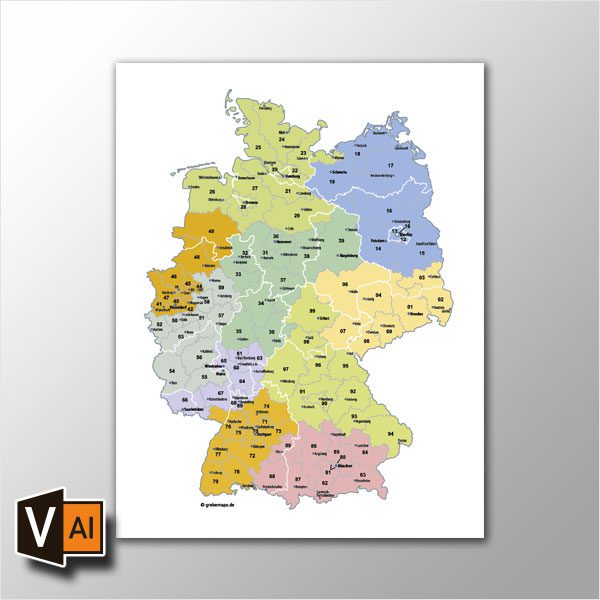 Deutschland Postleitzahlenkarte PLZ-2 Vektor 2-stellig, PLZ Karte Deutschland, Postleitzahlenkarte Deutschland 2-stellig, Karte PLZ 2-stellig Deutschland