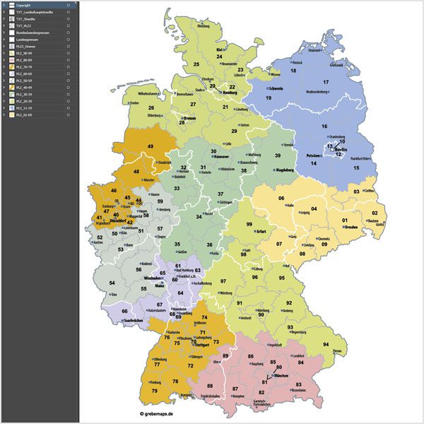 Deutschland Postleitzahlenkarte PLZ-2 Vektor 2-stellig, PLZ Karte Deutschland, Postleitzahlenkarte Deutschland 2-stellig, Karte PLZ 2-stellig Deutschland