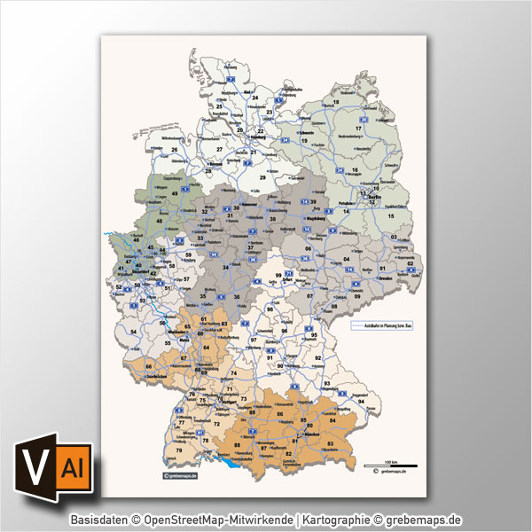 Deutschland Postleitzahlenkarte Vektor PLZ-2 mit Autobahnen, Karte Postleitzahlen Deutschland PLZ-2, Karte PLZ-2 Deutschland, Karte PLZ Deutschland Vektor