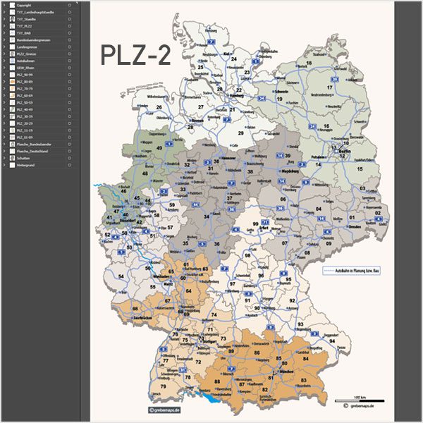 Deutschland Postleitzahlenkarte Vektor PLZ-2 mit Autobahnen, Karte Postleitzahlen Deutschland PLZ-2, Karte PLZ-2 Deutschland, Karte PLZ Deutschland Vektor