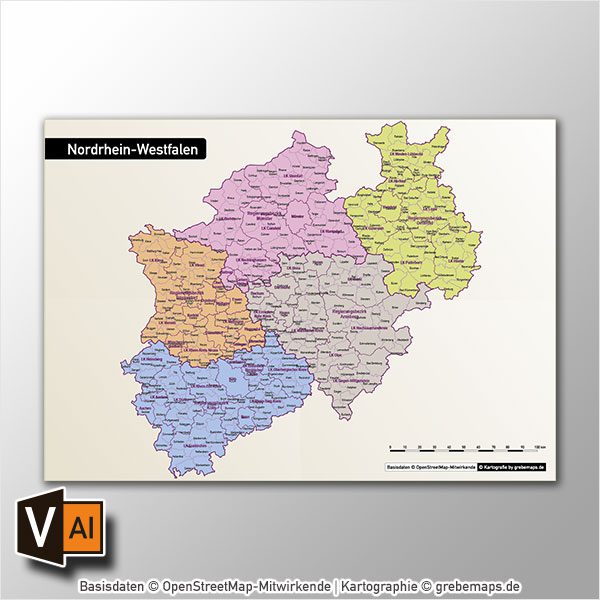 Nordrhein-Westfalen Vektorkarte NRW Landkreise Regierungsbezirke Gemeinden Autobahnen, Karte NRW, Karte Nordrhein-Westfalen Gemeinden, Karte Nordrhein-Westfalen Landkreise, Karte NRW Gemeinden, Karte NRW Landkreise