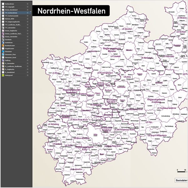 Nordrhein-Westfalen Vektorkarte NRW Landkreise Regierungsbezirke Gemeinden Autobahnen, Karte NRW, Karte Nordrhein-Westfalen Gemeinden, Karte Nordrhein-Westfalen Landkreise, Karte NRW Gemeinden, Karte NRW Landkreise