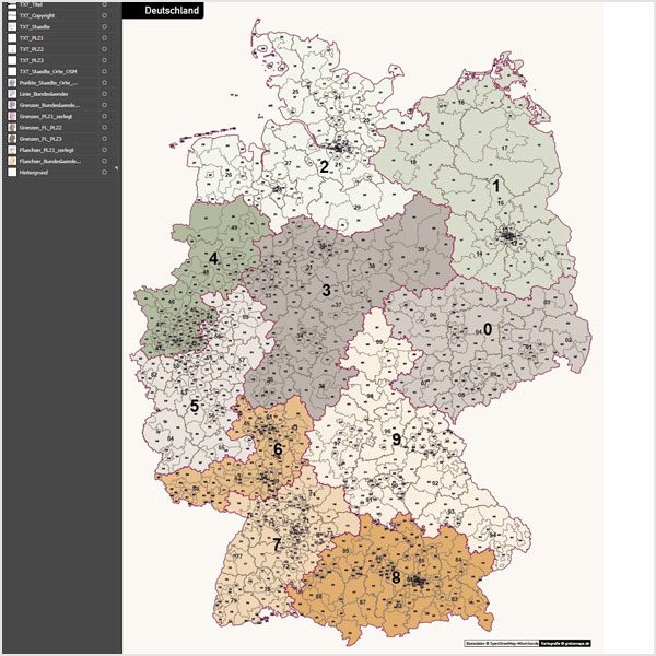 Deutschland Postleitzahlenkarte PLZ-1-2-3 Vektorkarte 3-stellig, Autobahnen, Postleitzahlenkarte Deutschland 3-stellig, PLZ-Karte Deutschland 3-stellig, Karte PLZ Deutschland