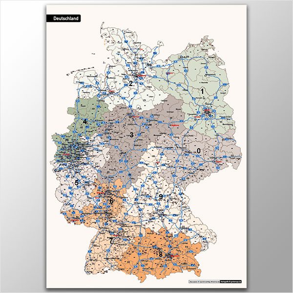 Deutschland Postleitzahlenkarte PLZ-1-2-3 Vektorkarte 3-stellig, Autobahnen, Postleitzahlenkarte Deutschland 3-stellig, PLZ-Karte Deutschland 3-stellig, Karte PLZ Deutschland