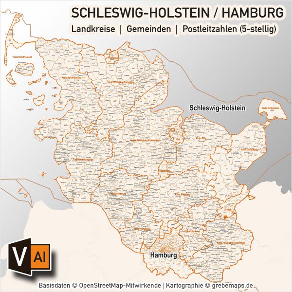 Schleswig-Holstein / Hamburg Vektorkarte Landkreise Gemeinden PLZ-5, Karte Schleswig-Holstein Postleitzahlen, Karte Schleswig-Holstein, Karte SH, Karte Hamburg, Karte Gemeinden SH, Karte Schleswig-Holstein Gemeinden