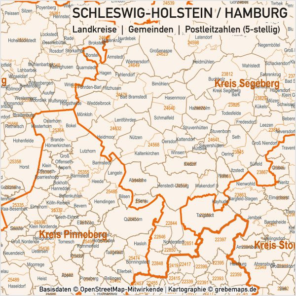 Schleswig-Holstein / Hamburg Vektorkarte Landkreise Gemeinden PLZ-5, Karte Schleswig-Holstein Postleitzahlen, Karte Schleswig-Holstein, Karte SH, Karte Hamburg, Karte Gemeinden SH, Karte Schleswig-Holstein Gemeinden