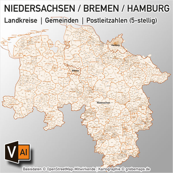 Niedersachsen / Bremen / Hamburg Landkreise Gemeinden PLZ-5 Vektorkarte, Karte Niedersachsen PLZ, Karte Niedersachen Gemeinden, Karte Niedersachen Landkreise, Landkreiskarte, Gemeindekarte, PLZ-Karte Niedersachsen