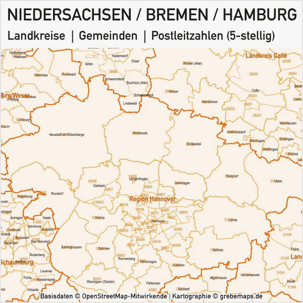 Niedersachsen / Bremen / Hamburg Landkreise Gemeinden PLZ-5 Vektorkarte, Karte Niedersachsen PLZ, Karte Niedersachen Gemeinden, Karte Niedersachen Landkreise, Landkreiskarte, Gemeindekarte, PLZ-Karte Niedersachsen