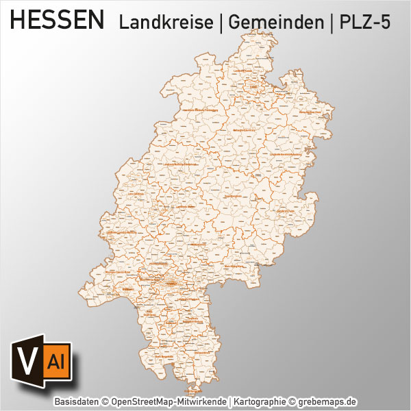 Hessen Vektorkarte Landkreise Gemeinden PLZ-5, Karte Hessen Landkreise, Karte Hessen Gemeinden, Karte Hessen Postleitzahlen 5-stellig, Vektorkarte Hessen