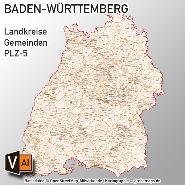 Baden-Württemberg Vektorkarte Landkreise Gemeinden PLZ-5, Karte Baden-Württemberg Gemeinden, Karte Baden-Württemberg Landkreise, Karte Baden-Württemberg Postleitzahlen, Baden-Württemberg Karte PLZ, Karte BW PLZ, Karte BW Gemeinden