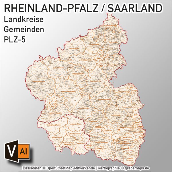 Rheinland-Pfalz / Saarland Vektorkarte Landkreise Gemeinden PLZ-5, Karte Rheinland-Pfalz Landkreise, Karte Rheinland-Pfalz Gemeinden, Karte Saarland Landkreise, Karte Saarland Gemeinden