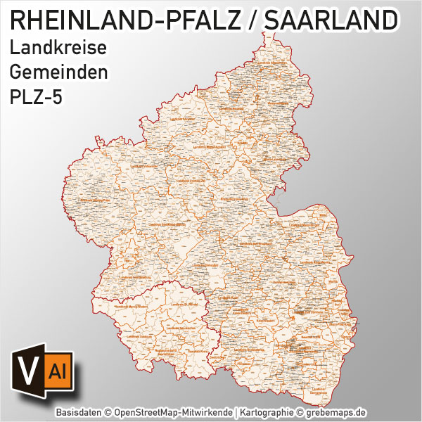 Rheinland-Pfalz / Saarland Vektorkarte Landkreise Gemeinden PLZ-5, Karte Rheinland-Pfalz Landkreise, Karte Rheinland-Pfalz Gemeinden, Karte Saarland Landkreise, Karte Saarland Gemeinden