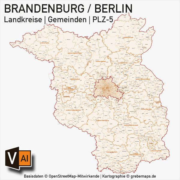 Brandenburg – Berlin Landkreise Gemeinden PLZ-5 Vektorkarte, Karte PLZ Brandenburg, Karte Brandenburg Gemeinden, Karte Brandenburg Landkreise, Postleitzahlenkarte Brandenburg Berlin