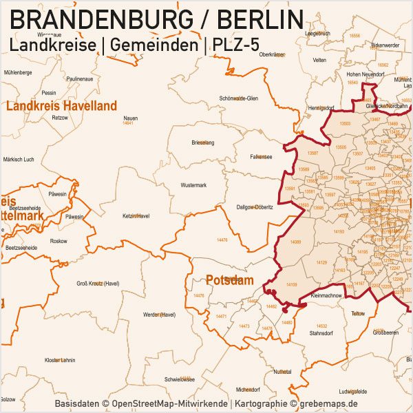 Brandenburg – Berlin Landkreise Gemeinden PLZ-5 Vektorkarte, Karte PLZ Brandenburg, Karte Brandenburg Gemeinden, Karte Brandenburg Landkreise, Postleitzahlenkarte Brandenburg Berlin