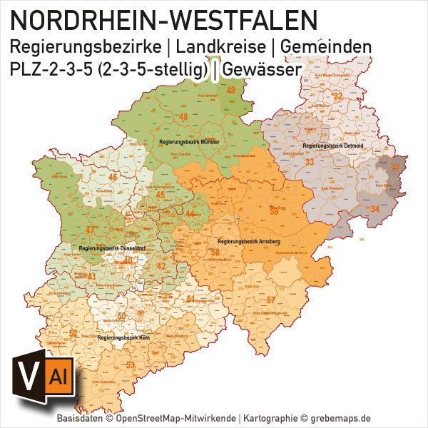 Nordrhein-Westfalen NRW Vektorkarte Landkreise Gemeinden PLZ-2-3-5, Karte NRW Gemeinden, Karte NRW Postleitzahlen, Karte NRW Landkreise, Karte Nordrhein-Westfalen Gemeinden