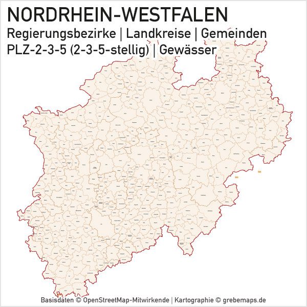 Nordrhein-Westfalen NRW Vektorkarte Landkreise Gemeinden PLZ-2-3-5, Karte NRW Gemeinden, Karte NRW Postleitzahlen, Karte NRW Landkreise, Karte Nordrhein-Westfalen Gemeinden