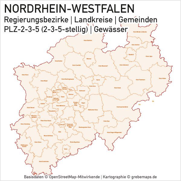 Nordrhein-Westfalen NRW Vektorkarte Landkreise Gemeinden PLZ-2-3-5, Karte NRW Gemeinden, Karte NRW Postleitzahlen, Karte NRW Landkreise, Karte Nordrhein-Westfalen Gemeinden