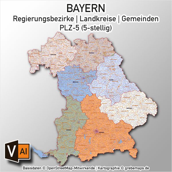 Bayern Vektorkarte Gemeinden Landkreise Regierungsbezirke PLZ-5, Karte Gemeinden und Landkreise Bayern Vektor, Karte Bayern Postleitzahlen PLZ-5 5-stellig, Vektorkarte Bayern Postleitzahlen, Vektorkarte Bayern PLZ, Landkarte Bayern Landkreise, Landkarte Bayern Gemeinden, Landkreise Bayern Karte,