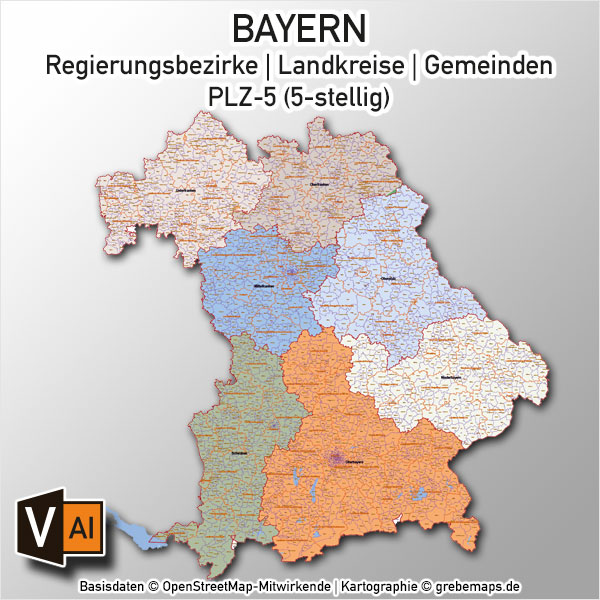 Bayern Vektorkarte Gemeinden Landkreise Regierungsbezirke PLZ-5, Karte Gemeinden und Landkreise Bayern Vektor, Karte Bayern Postleitzahlen PLZ-5 5-stellig, Vektorkarte Bayern Postleitzahlen, Vektorkarte Bayern PLZ, Landkarte Bayern Landkreise, Landkarte Bayern Gemeinden, Landkreise Bayern Karte,