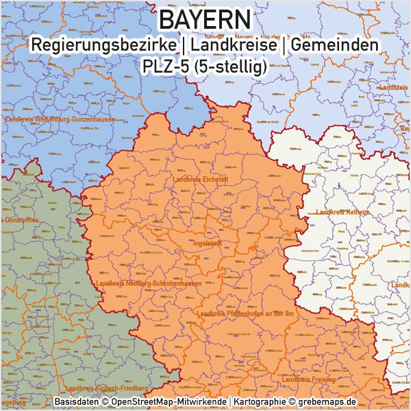 Bayern Vektorkarte Gemeinden Landkreise Regierungsbezirke PLZ-5, Karte Gemeinden und Landkreise Bayern Vektor, Karte Bayern Postleitzahlen PLZ-5 5-stellig, Vektorkarte Bayern Postleitzahlen, Vektorkarte Bayern PLZ, Landkarte Bayern Landkreise, Landkarte Bayern Gemeinden, Landkreise Bayern Karte,