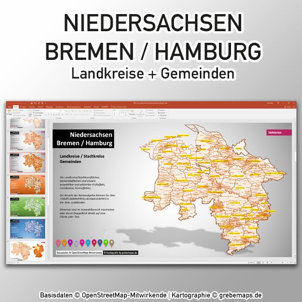 PowerPoint-Karte Niedersachsen Bremen Hamburg Landkreise Gemeinden, Karte Niedersachsen Landkreise PowerPoint, Karte Niedersachsen Gemeinden PowerPoint, Landkarte Niedersachsen PowerPoint Gemeinden, Gemeindekarte Niedersachsen, Landkreiskarte Niedersachsen