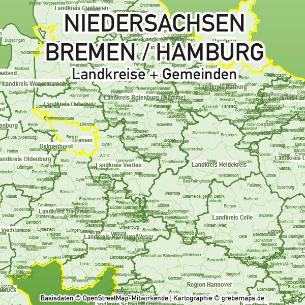 PowerPoint-Karte Niedersachsen Bremen Hamburg Landkreise Gemeinden, Karte Niedersachsen Landkreise PowerPoint, Karte Niedersachsen Gemeinden PowerPoint, Landkarte Niedersachsen PowerPoint Gemeinden, Gemeindekarte Niedersachsen, Landkreiskarte Niedersachsen
