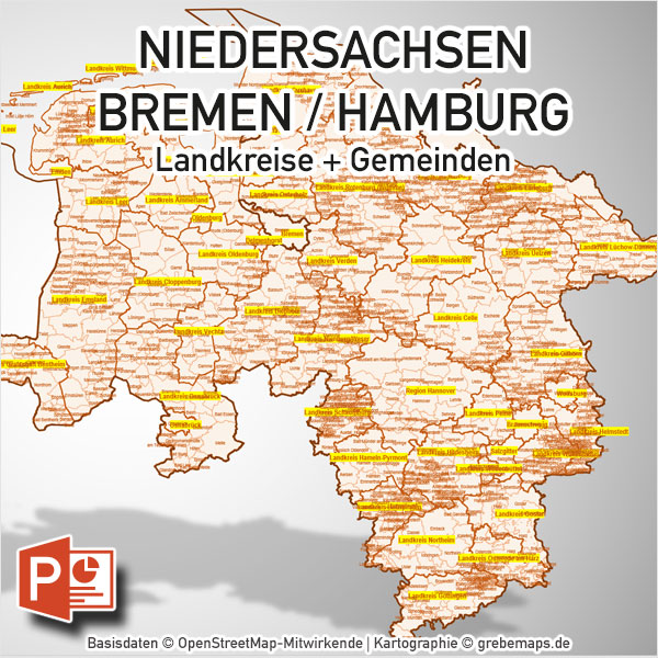 PowerPoint-Karte Niedersachsen Bremen Hamburg Landkreise Gemeinden, Karte Niedersachsen Landkreise PowerPoint, Karte Niedersachsen Gemeinden PowerPoint, Landkarte Niedersachsen PowerPoint Gemeinden, Gemeindekarte Niedersachsen, Landkreiskarte Niedersachsen