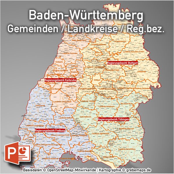 PowerPoint-Karte Baden-Württemberg Landkreise Gemeinden, Karte Baden-Württemberg Landkreise, Karte Baden-Württemberg Gemeinden, Karte für PowerPoint Baden-Württemberg, Karte BW Gemeinden, Karte BW Landkreise, Landkreise Baden-Württemberg PowerPoint, Gemeinden Baden-Württemberg PowerPoint