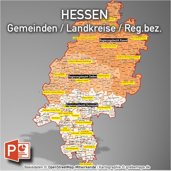 PowerPoint-Karte Hessen Landkreise Gemeinden Regierungsbezirke Vektorkarte, PowerPoint-Karte Hessen Gemeinden, Karte PowerPoint Hessen Gemeinden, Karte PowerPoint Hessen Landkreise
