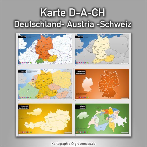 PowerPoint-Karte Deutschland Austria Schweiz D-A-CH mit Bundesländern / Kantonen, Karte PowerPoint Deutschland Schweiz Österreich DACH D-A-CH, PowerPoint-Karte D-A-CH