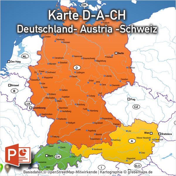 PowerPoint-Karte Deutschland Austria Schweiz D-A-CH mit Bundesländern / Kantonen, Karte PowerPoint Deutschland Schweiz Österreich DACH D-A-CH, PowerPoint-Karte D-A-CH