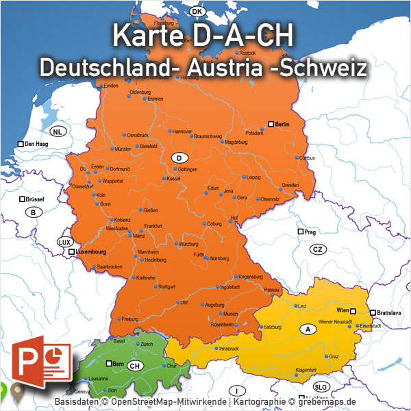 PowerPoint-Karte Deutschland Austria Schweiz D-A-CH mit Bundesländern