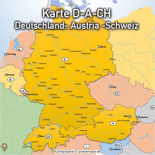PowerPoint-Karte Deutschland Austria Schweiz D-A-CH mit Bundesländern / Kantonen, Karte PowerPoint Deutschland Schweiz Österreich DACH D-A-CH, PowerPoint-Karte D-A-CH